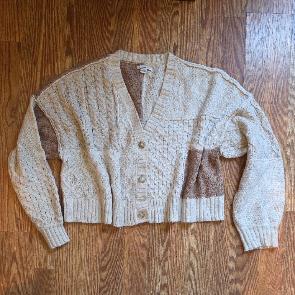 Patchwork Mixed Stitch Cropped Cardigan Sweater
